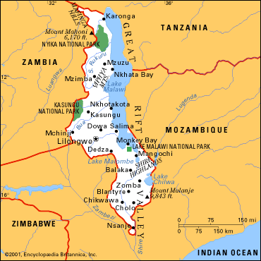 malawi politisch karte